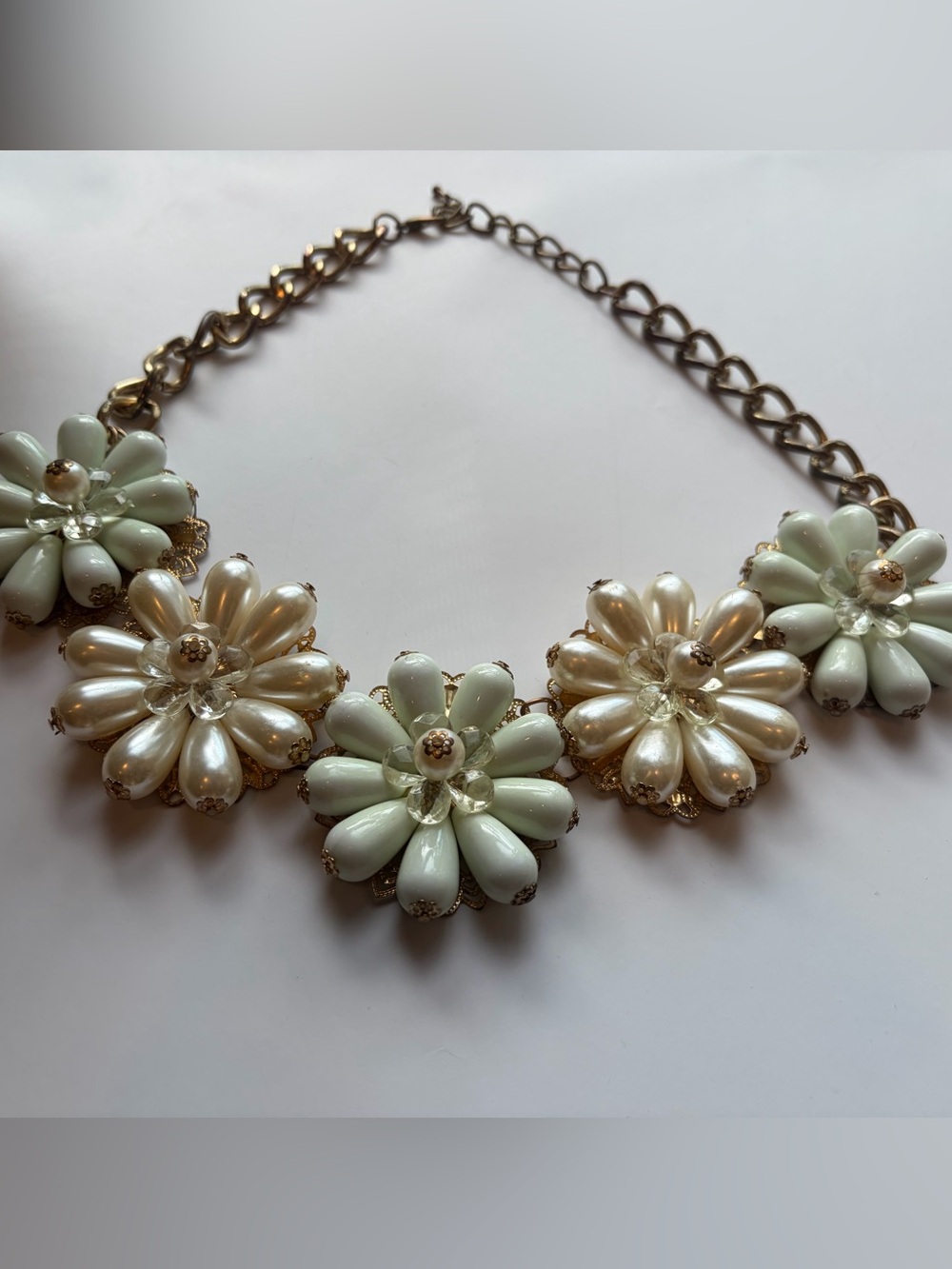 Oversize Mint Green Ivory Faux Pearl Floral Statement Bib Necklace Gold Tone